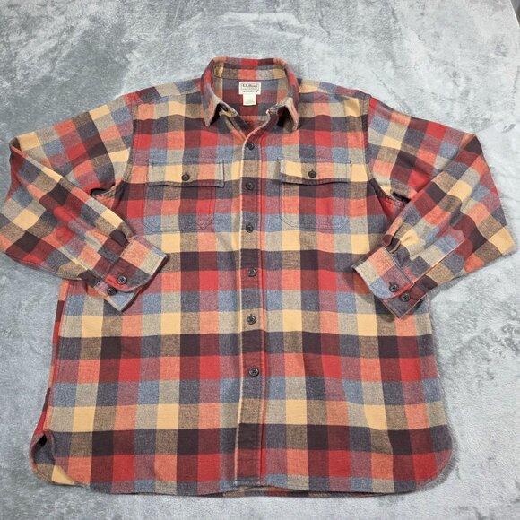 LL Bean Shirt Mens Large Orange Gray Plaid Chamois Flannel Button Up Shacket - Picture 2 of 7